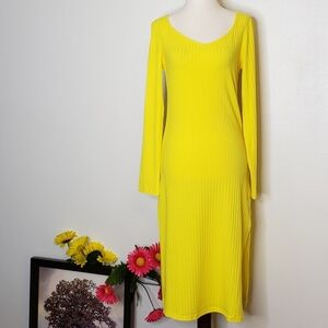 NEW Ribbed Knit Bodycon Dress Long Sleeve Small Yellow Ribbed Summer Preppy